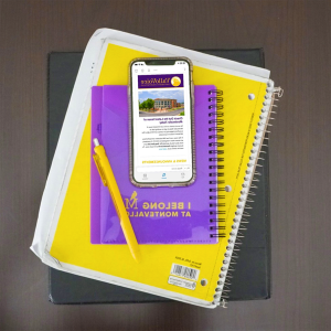 Purple and gold notebooks with a gold pen and a cell phone.